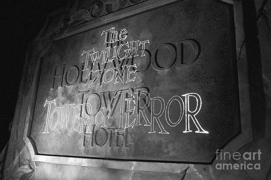Twilight Zone Tower of Terror Sign Hollywood Studios Walt Disney World Prints B and W Film Grain Photograph by Shawn OBrien