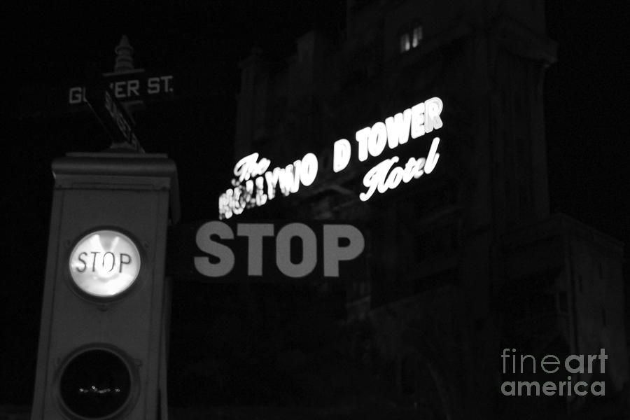 Twilight Zone Tower of Terror Stop Sign Hollywood Studios Walt Disney World Prints Black and White Photograph by Shawn OBrien