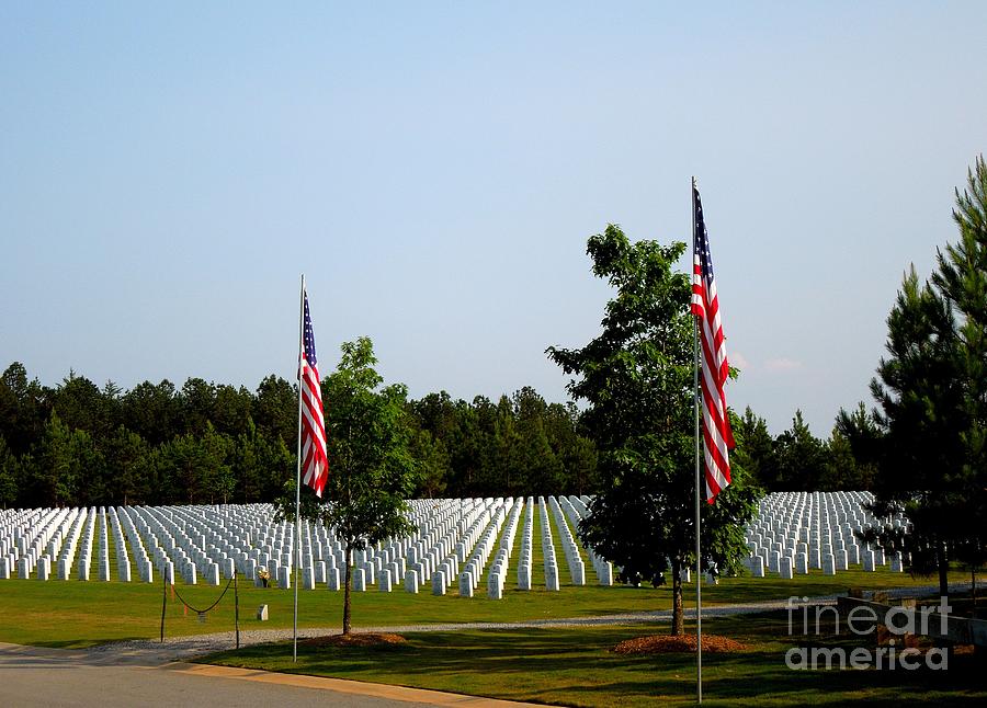 Two American Flags at Grave Stones Photograph by Renee Trenholm