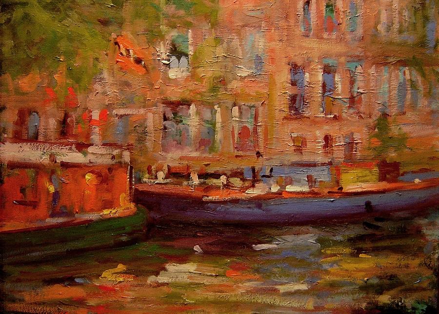 Boat Painting - Two boats in Amsterdam by R W Goetting