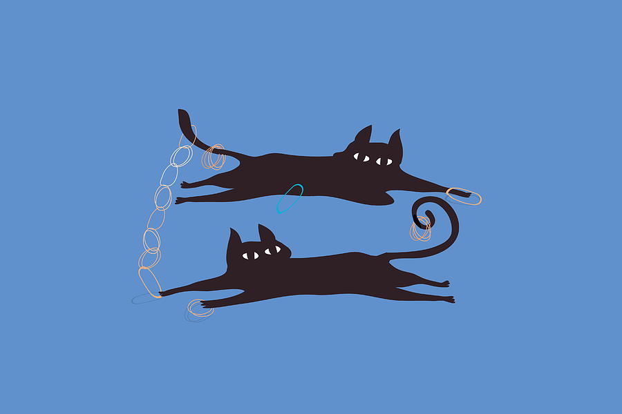 Two Cats Playing With Rubber Bands Digital Art by Meg Takamura