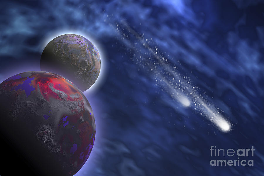 Two Comets Stream Past A Planet Digital Art by Corey Ford