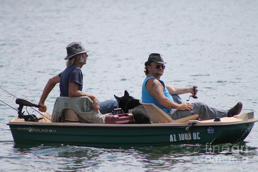 Two dudes and a dog fishing Photograph by Pamela Walrath