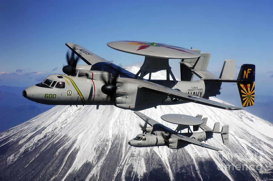 Airplane Photograph - Two E-2c Hawkeyes Conduct A Flyby by Stocktrek Images