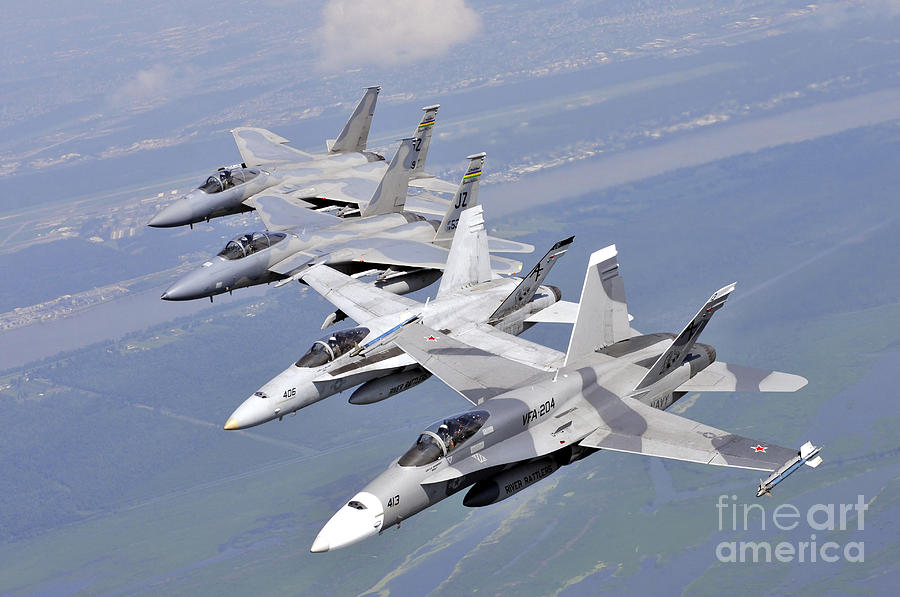Transportation Photograph - Two Fa-18 Hornets And Two F-15 Strike by Stocktrek Images