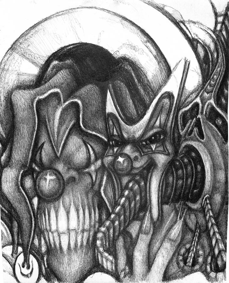 Two Faced Demon Clown Drawing by Mike Distel.