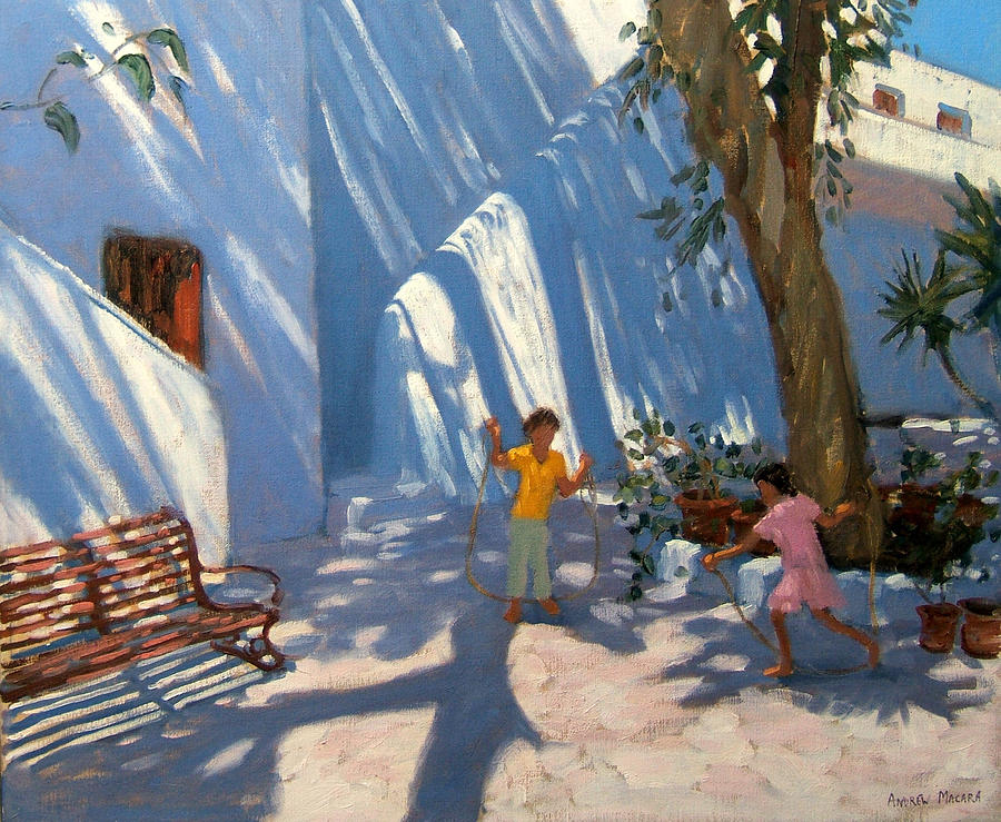 Greek Painting - Two Girls Skipping Mykonos by Andrew Macara