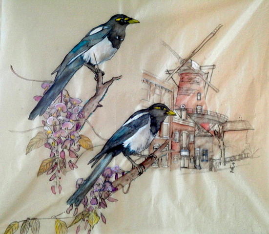 Two Magpie Sitting On Wisteria Painting by Debbi Saccomanno Chan