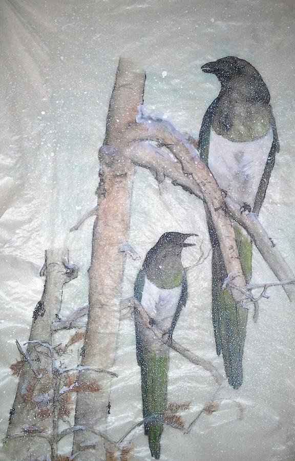 Two Magpies Sitting In A Tree Painting by Debbi Saccomanno Chan