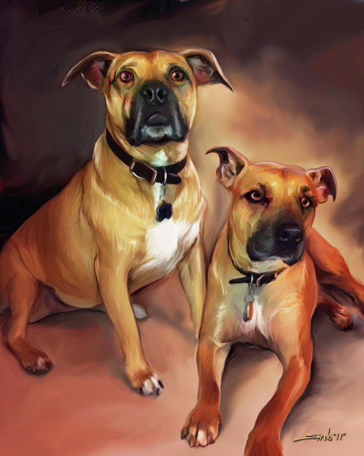 Two Pit Bull Terriers Painting by Michael Spano