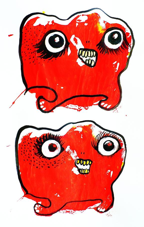 Red Mixed Media - Two Red Girl Monsters by Nancy Mitchell
