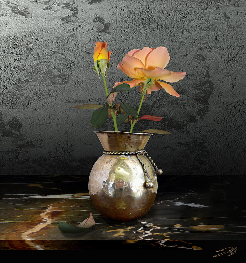 Two Roses in Brass Vase Photograph by M Spadecaller