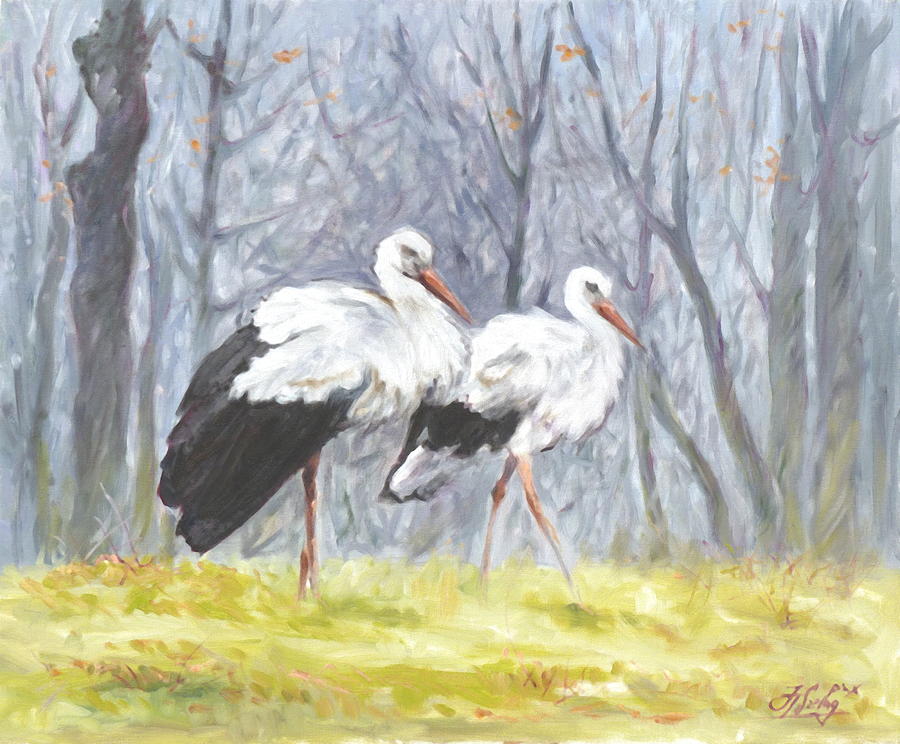 Two storks Painting by Irek Szelag