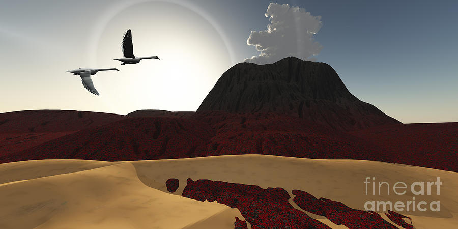 Swan Digital Art - Two Swans Fly Over Cooling Lava Flows by Corey Ford