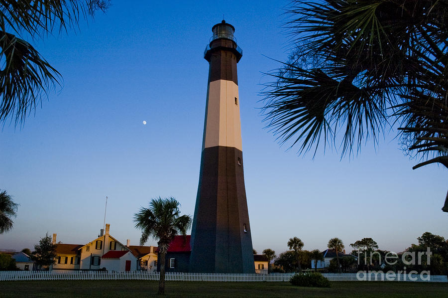 Tybee Island Lighthouse and Full Moon Photograph by Tim Mulina