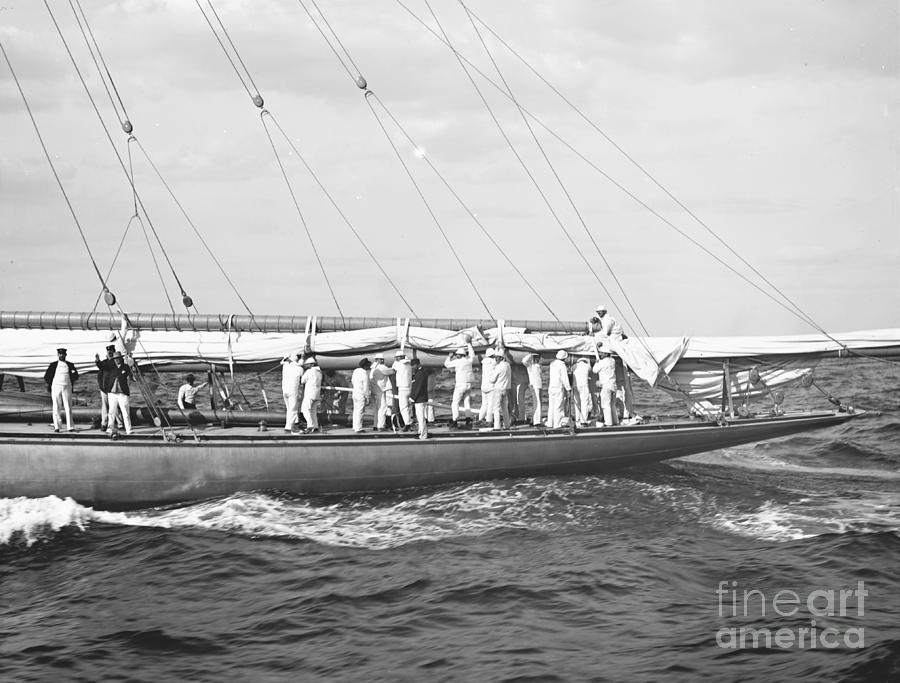 Tying Shamrock II Mainsail 1901 BW Photograph by Padre Art
