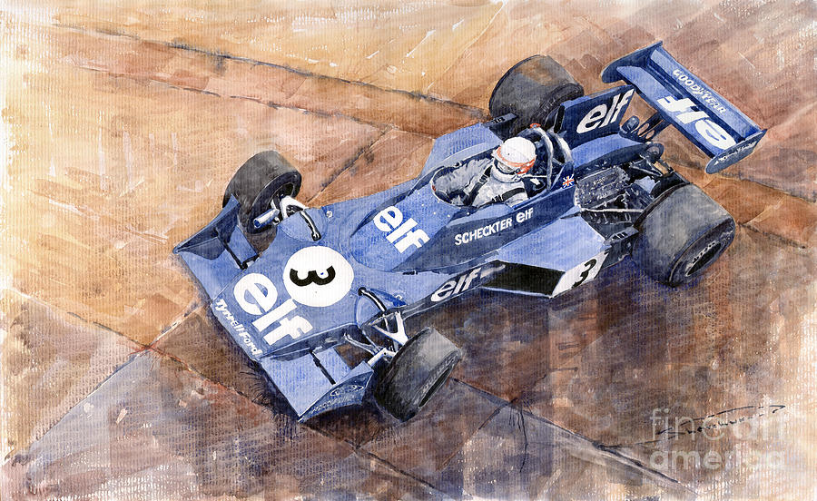 Watercolor Painting - Tyrrell Ford 007 Jody Scheckter 1974 Swedish GP by Yuriy Shevchuk
