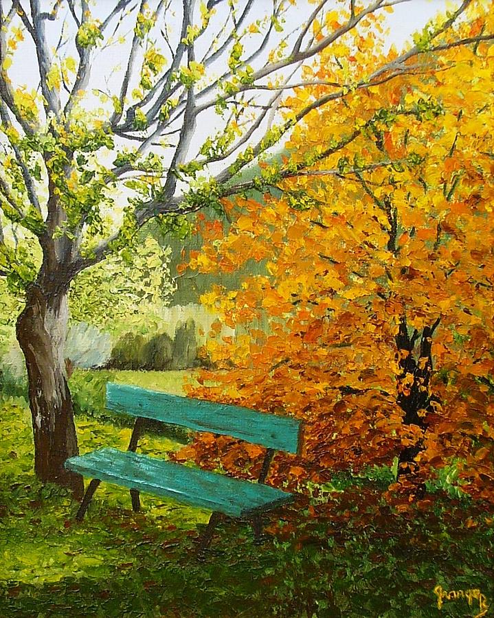 Landscape Painting - Un banc en automne by Brigitte Grange