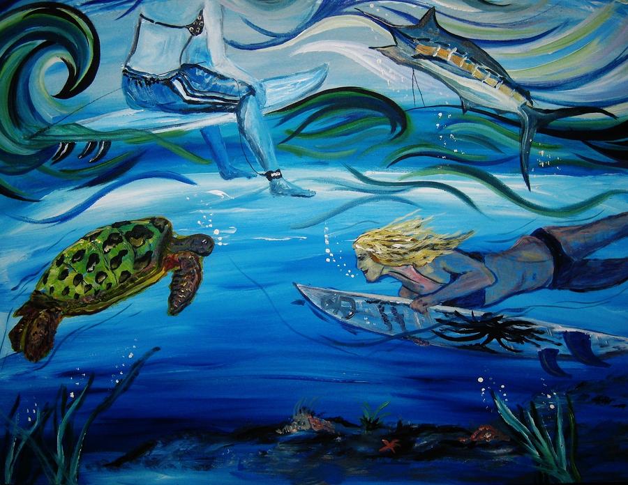 Underwater Surfers Painting by Amanda Dinan