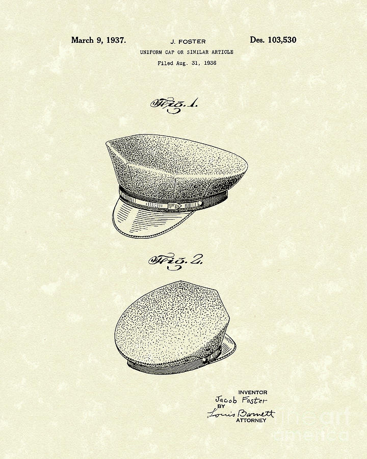 Uniform Cap 1937 Patent Art Drawing by Prior Art Design