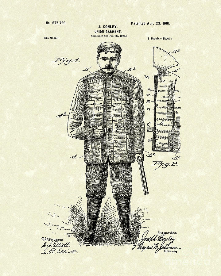 Union Garment 1901 Patent Art Drawing by Prior Art Design