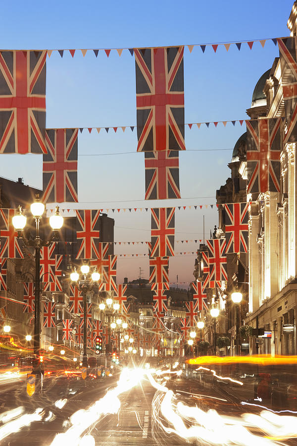 Union Jack Flags, Car Trails, Night, Regent Street Photograph by Laurie Noble