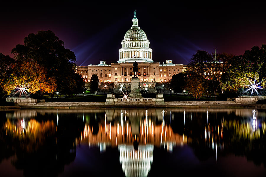 US Capitol Building and Reflecting Pool at Fall Night 2 Photograph by Val Black Russian Tourchin