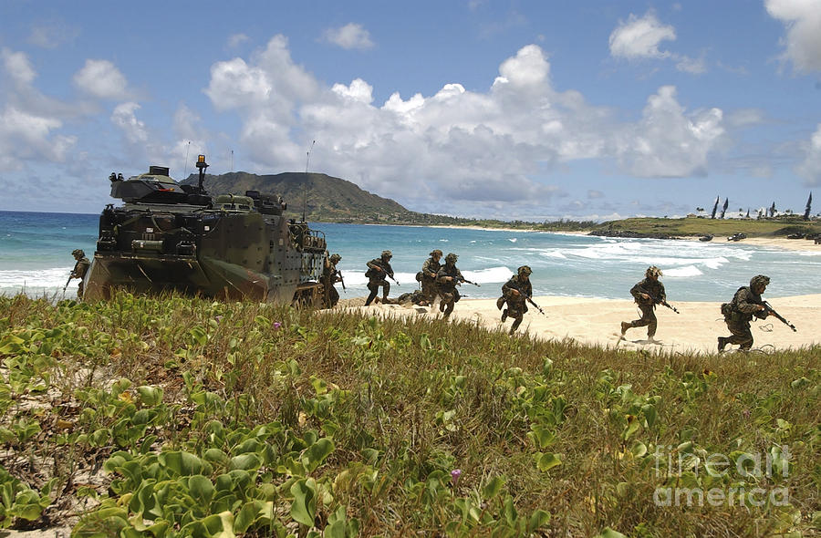 Beach Photograph - U.s. Marines Run Out Of An Amphibious by Stocktrek Images