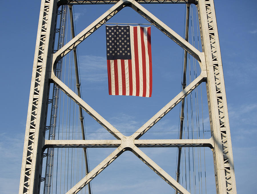 Usa, New York City, American Flag Flowing On Bridge Span Photograph by ...