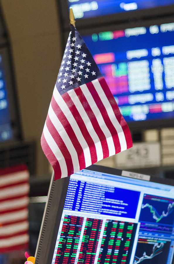 Usa, New York State, New York City, American Flag On Trading Desk Photograph by Tetra Images