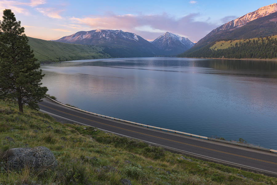 Usa, Oregon, Wallowa County, Wallowa Lake And Highway At Sunset