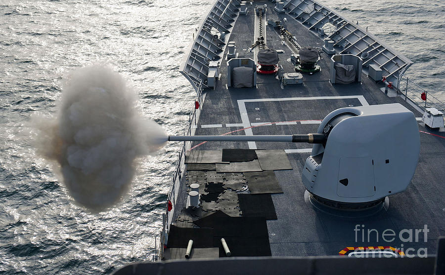 Transportation Photograph - Uss Cape St. George Fires Its Mk-45 by Stocktrek Images