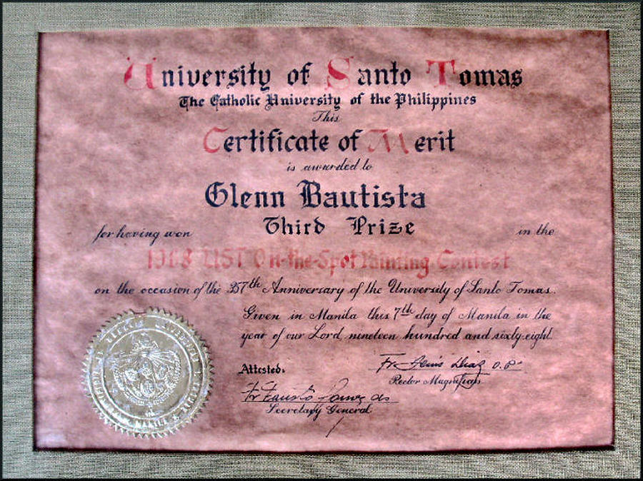 Certificate Photograph - UST 1968 Certificate of Merit by Glenn Bautista