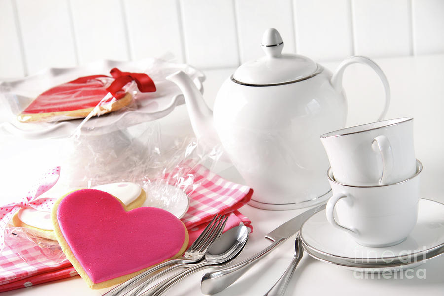 Valentine cookies with teapot and cups Photograph by Sandra Cunningham