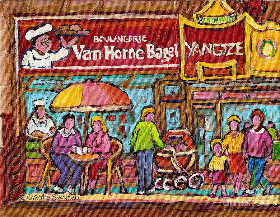Van Horne Bagel Next To Yangste Restaurant Montreal Streetscene Painting by Carole Spandau