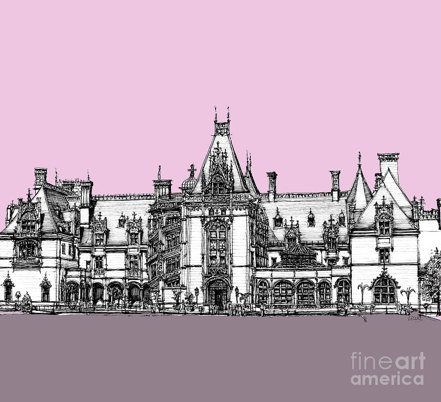 Architecture Drawing - Vanderbilts Biltmore House in pink by Building  Art
