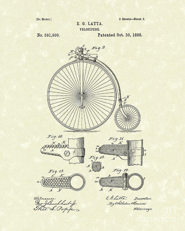 Bicycle Drawing - Velocipede Latta 1888 Patent Art by Prior Art Design