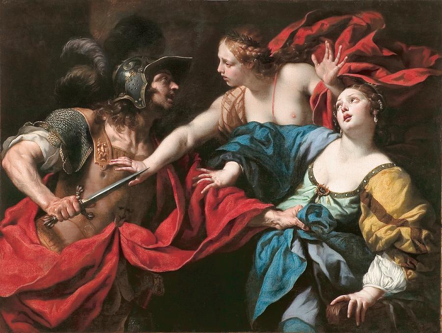 Greek Painting - Venus preventing her son Aeneas from killing Helen of Troy by Luca Ferrari
