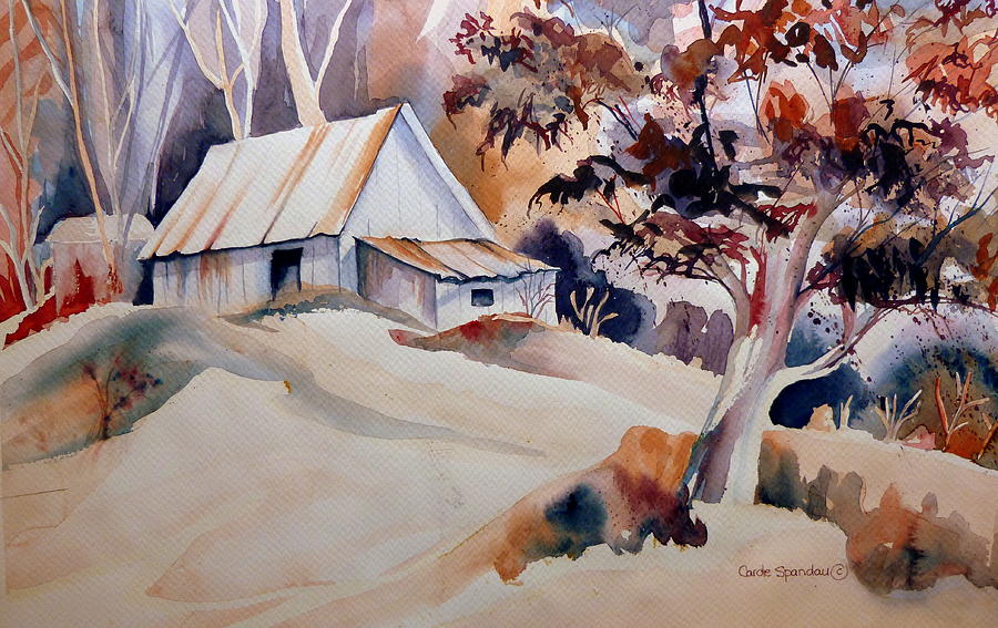 Vermont Sugar Shack Cabin In Winter Painting by Carole Spandau