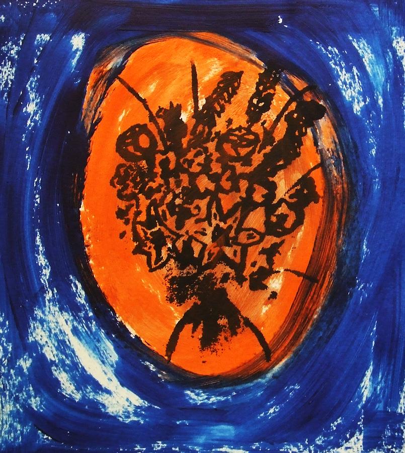 Victorian Contemporary Flowers in Blue and Orange Vortex Swirls Acrylic Monoprint Serigraph Painting by M Zimmerman