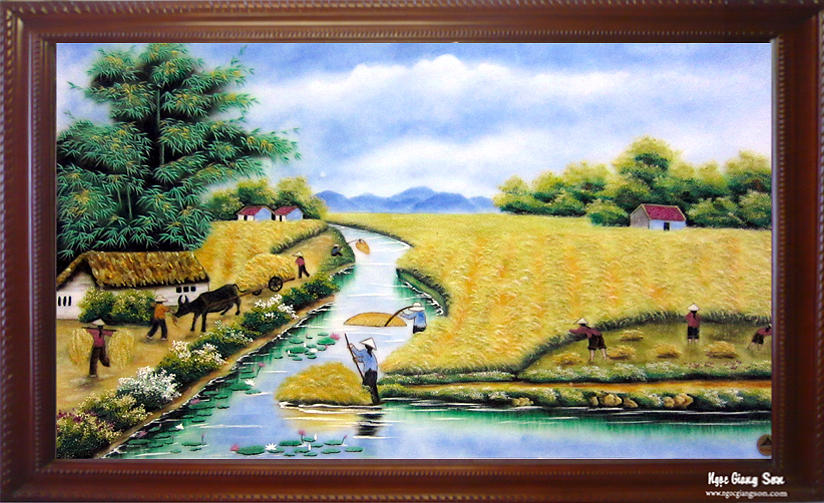 美術品/アンティークベトナム刺繍絵　Vietnamese Countryside