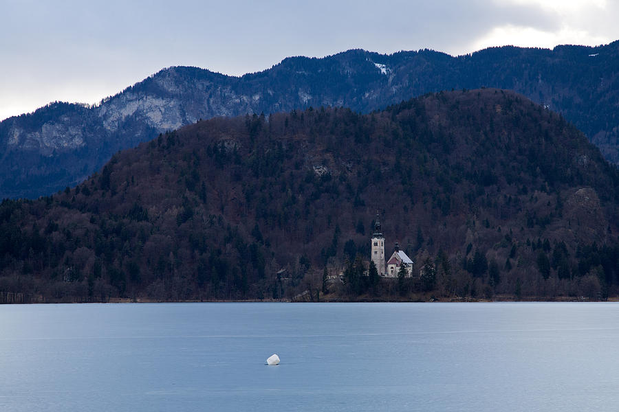 View across frozen Lake Bled. Photograph by Ian Middleton