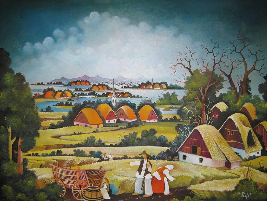 Naive Painting - Village in wheat by Jan Glozik