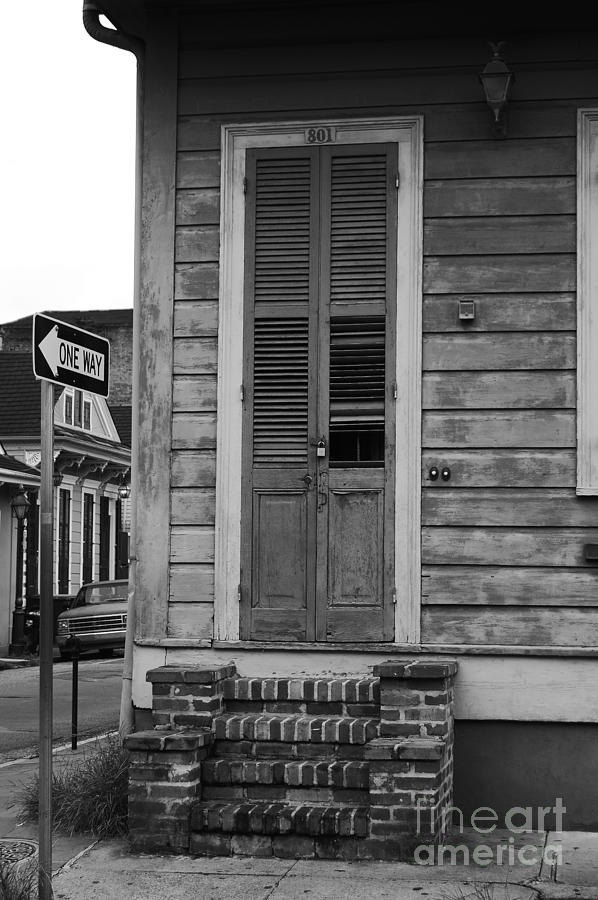 Architecture Photograph - Vintage Aged Wooden Door and Brick Stoop French Quarter New Orleans Black and White by Shawn OBrien