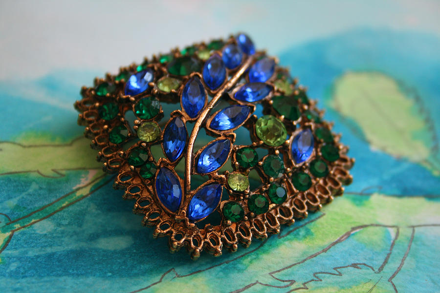 Vintage Blue and Green Rhinestone Brooch on Watercolor Photograph by Kathy Clark