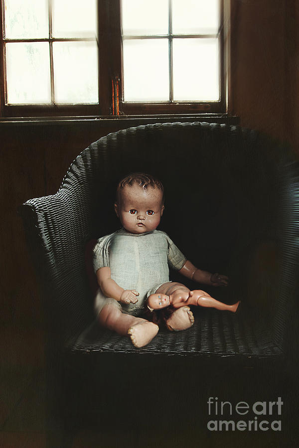Vintage Photograph - Vintage dolls on chair in dark room by Sandra Cunningham