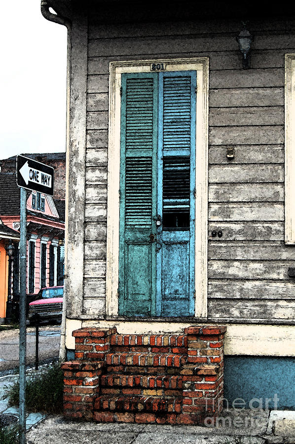 Vintage Dual Color Wooden Door and Brick Stoop French Quarter New Orleans Fresco Digital Art Digital Art by Shawn OBrien