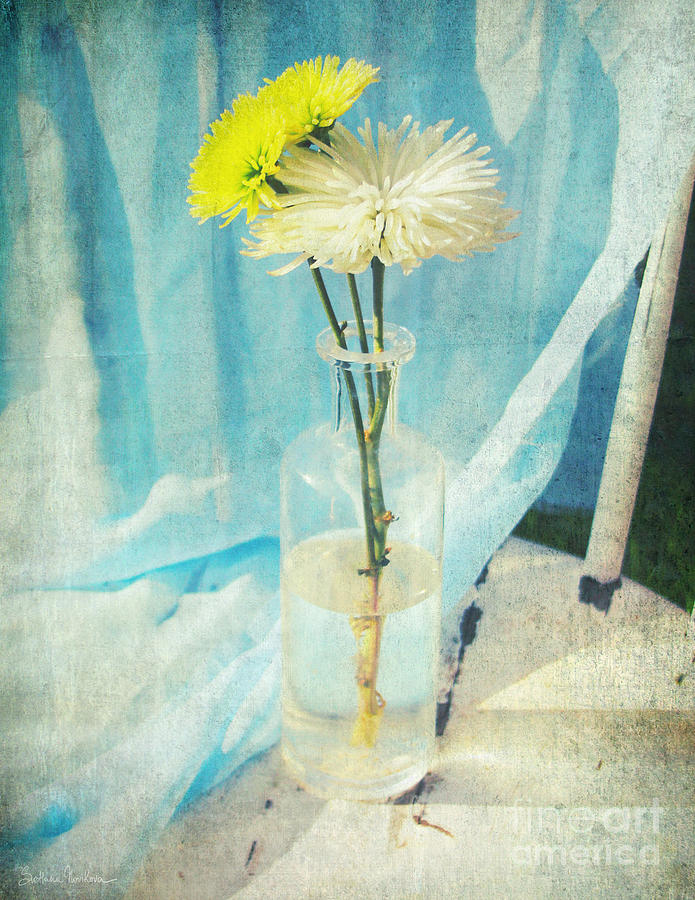 Vintage Photograph - Vintage flowers in a bottle vase sunny still life print by Svetlana Novikova
