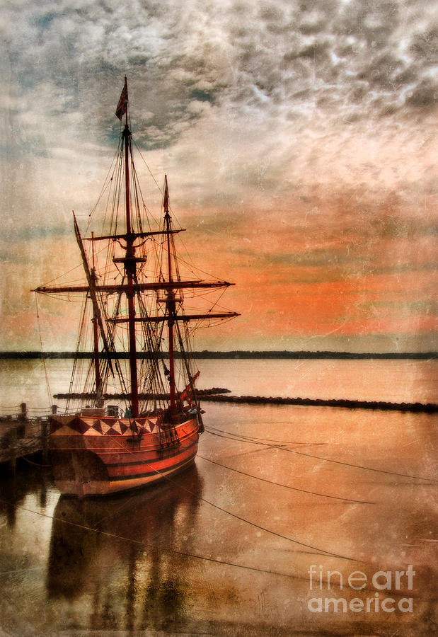 Vintage Photograph - Vintage Ship Docked at Sunset by Jill Battaglia