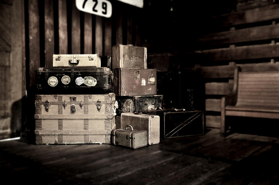Vintage Steamer Trunks at Railroad Station Photograph by Rebecca Brittain